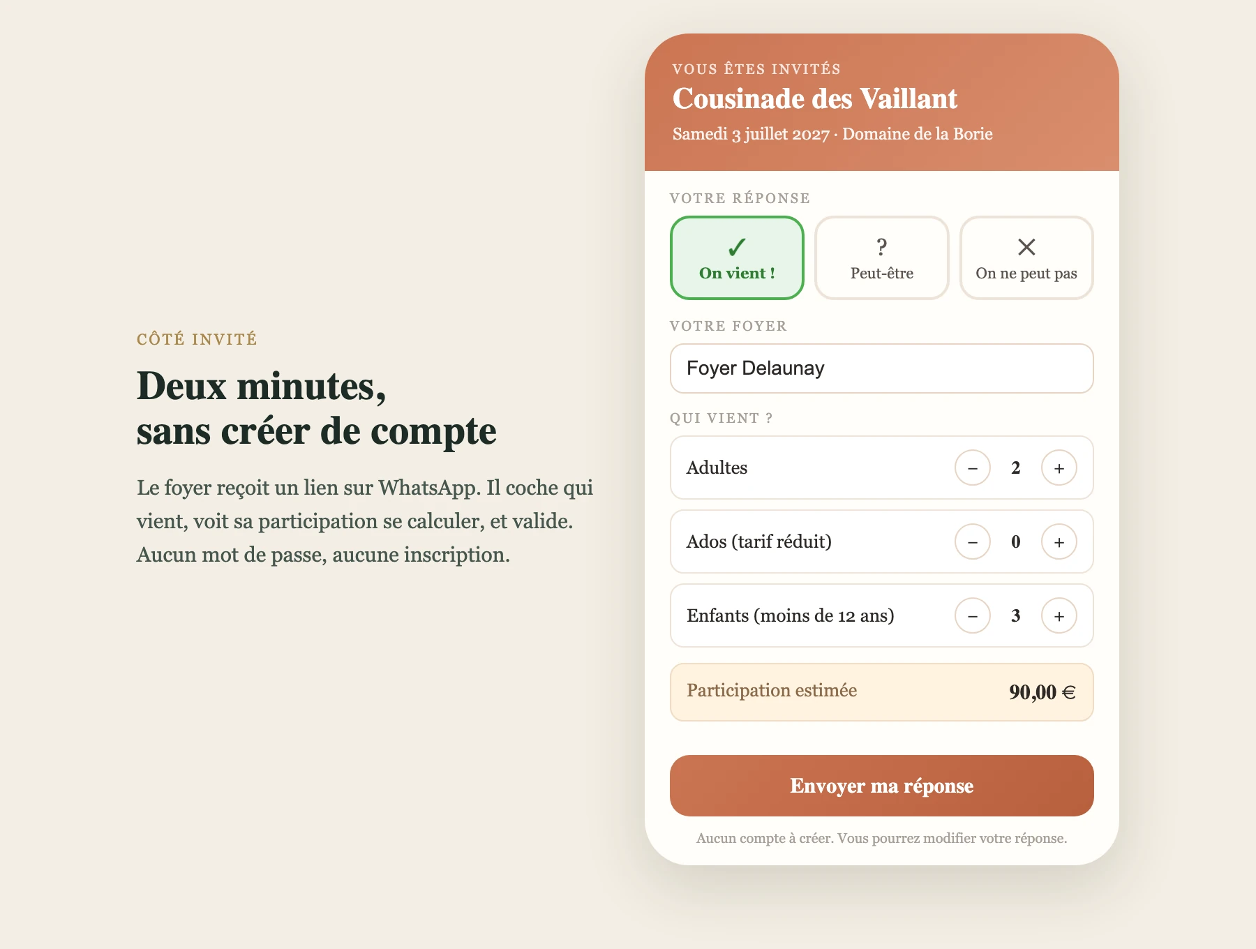 Page de reponse sur telephone : le foyer coche qui vient et voit sa participation se calculer