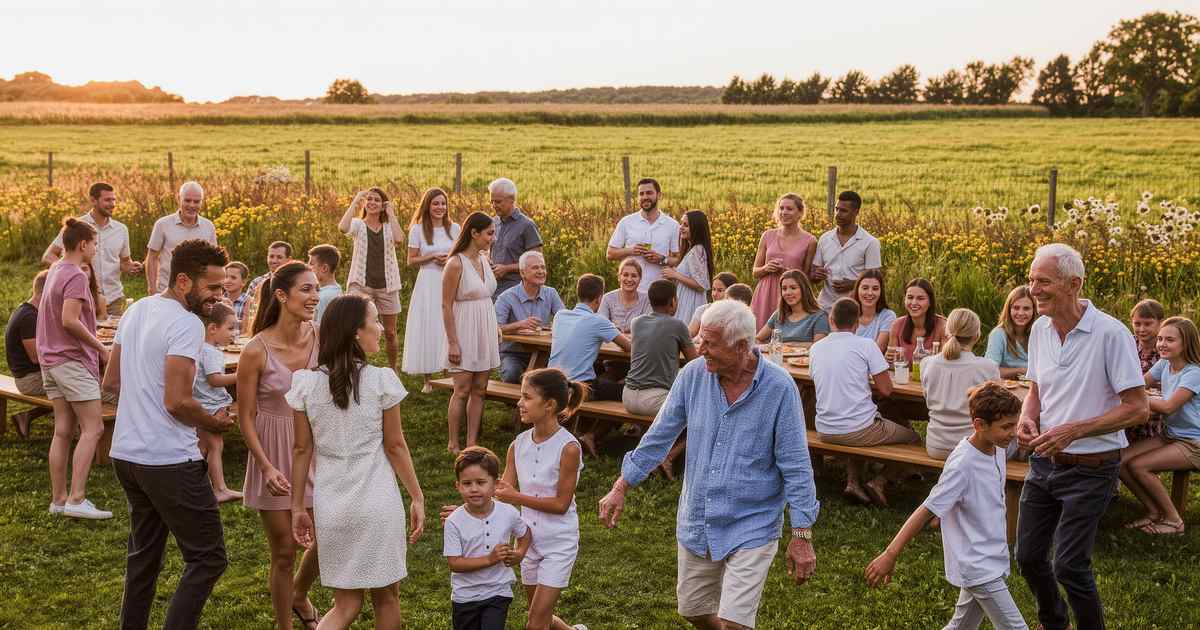 Grande cousinade en famille, plusieurs générations réunies en exterieur